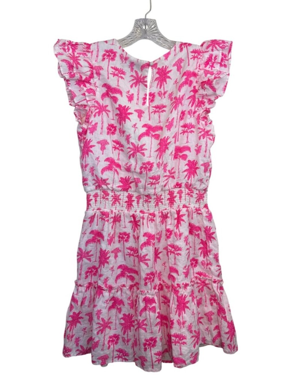 Vineyard Vines Women's M Linen Pink Palm Mini Dress Smocked Ruffle Tropical Res - Picture 3 of 11